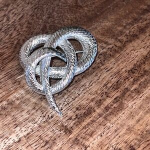Vintage Crown Trifari Snake Knot Brooch Silver Tone Textured Serpent Pin Jewelry